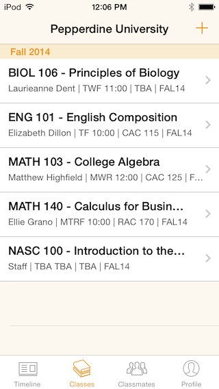 Classes schedule